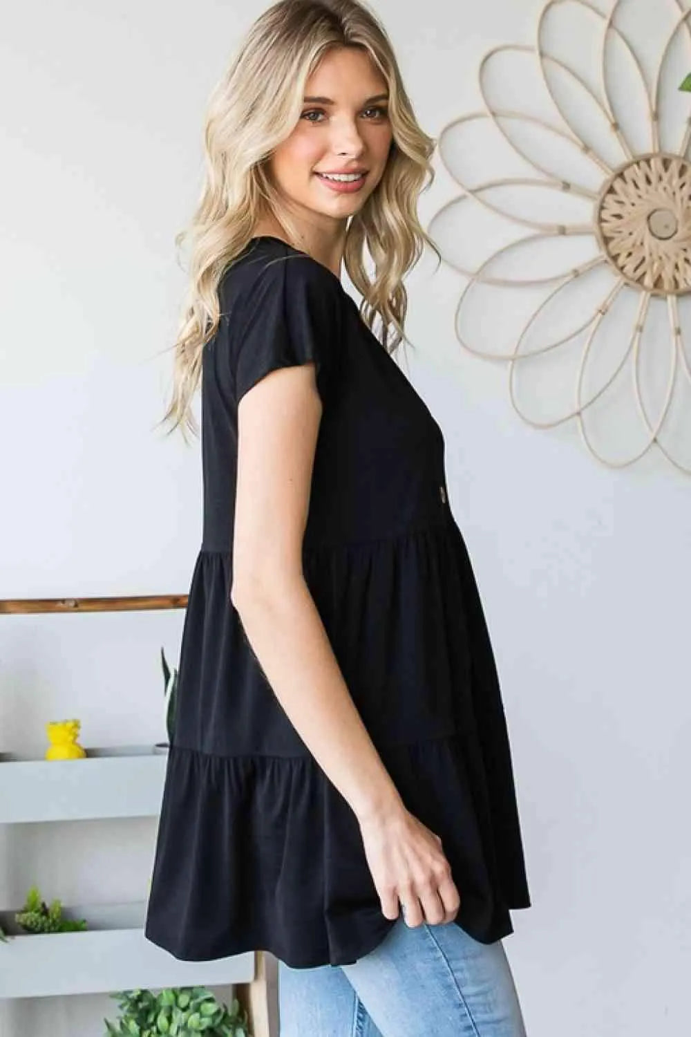 Heimish Full Size Buttoned V-Neck Tiered Top Blouses - Tophatter Daily Deals