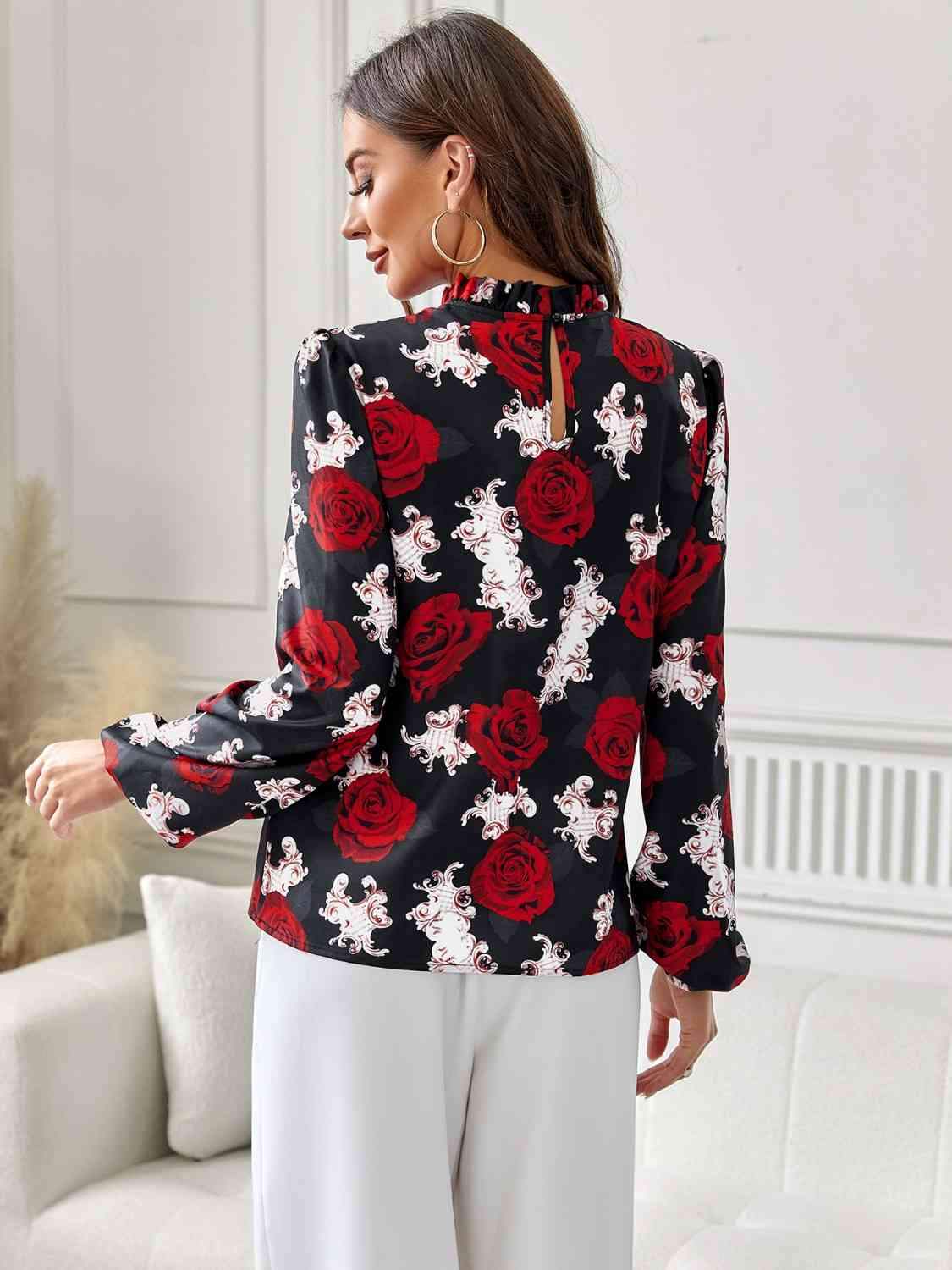 Floral Mock Neck Long Sleeve Blouse Blouses - Tophatter Daily Deals