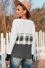 Plaid Color Bock V-Neck Knit Top Women's T-Shirts - Tophatter Daily Deals