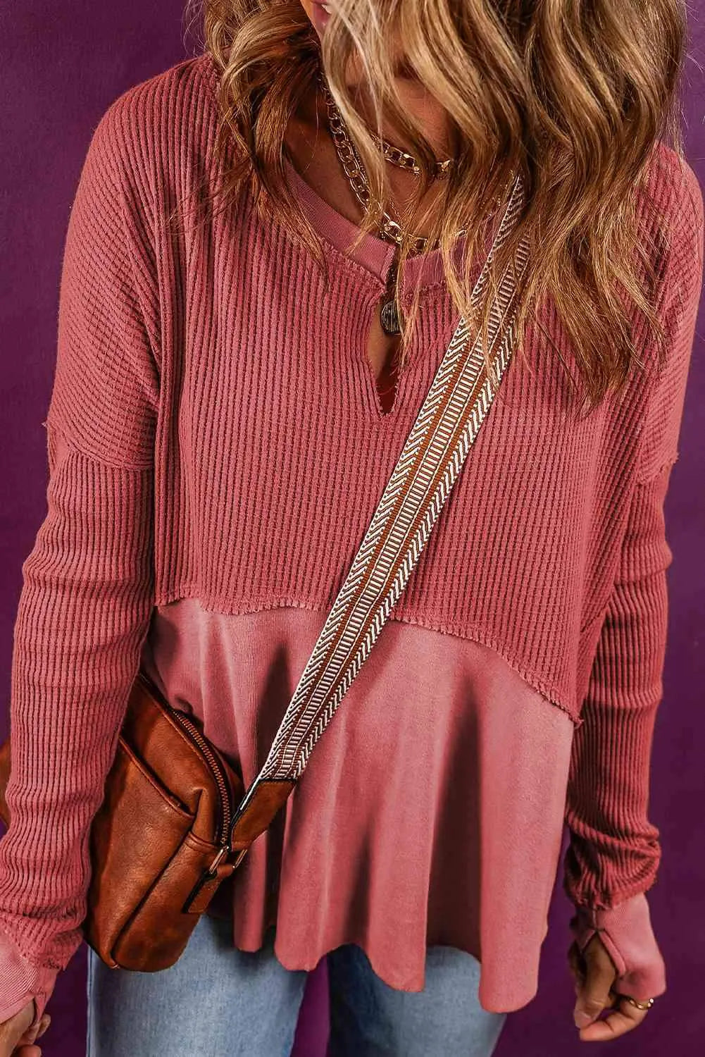 Notched Neck Long Sleeve Slit Blouse Blouses - Tophatter Daily Deals