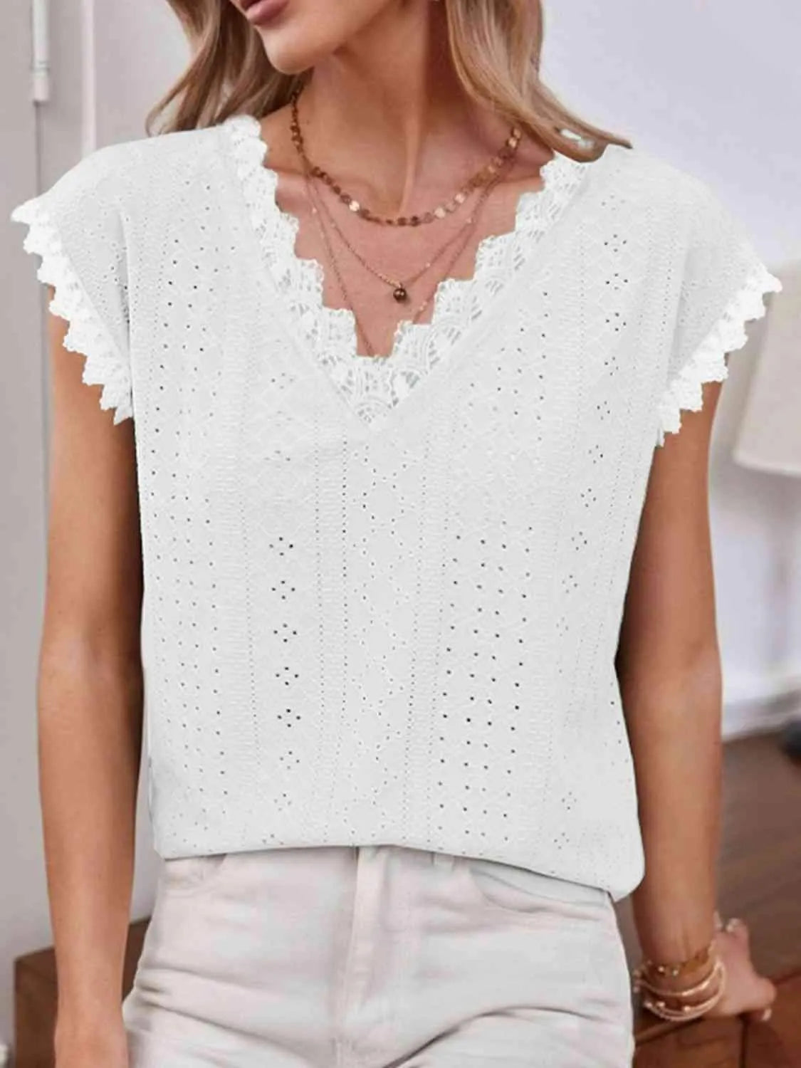 V-Neck Eyelet Short Sleeve Top White Blouses - Tophatter Daily Deals