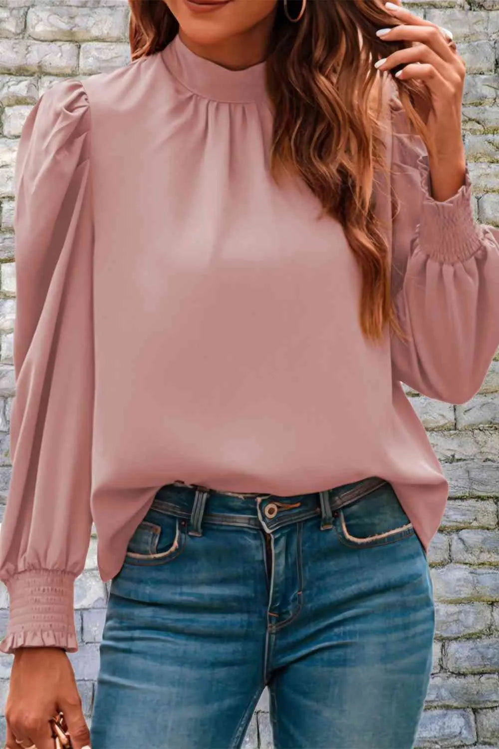 Mock Neck Puff Sleeve Blouse Dusty Pink Blouses - Tophatter Daily Deals