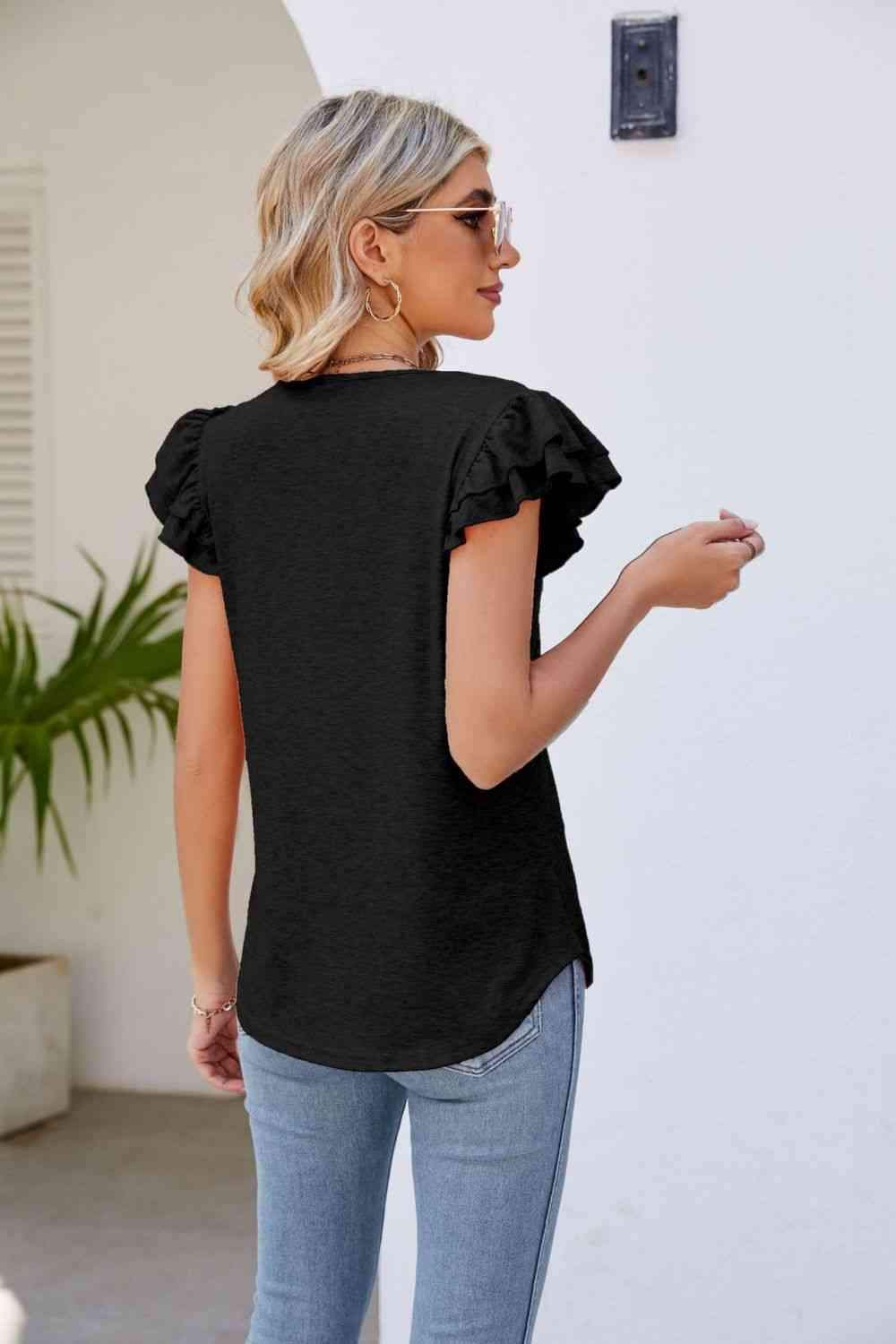 Smocked Flutter Sleeve V-Neck Top Blouses - Tophatter Daily Deals