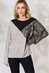 BiBi Brushed Hacci Color Block Long Sleeve Top Taupe Blouses - Tophatter Daily Deals