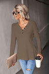 Waffle-Knit Button Detail V-Neck Top Coffee Blouses - Tophatter Daily Deals