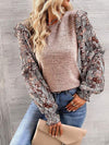 Round Neck Contrasting Color Printed Lantern Sleeve Top Mocha Women's T-Shirts - Tophatter Daily Deals