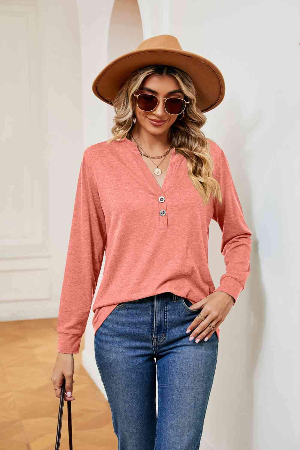 Buttoned Notched Neck Long Sleeve Top Coral Blouses - Tophatter Daily Deals