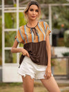 Striped Tie Neck Short Sleeve Blouse Chocolate Blouses - Tophatter Daily Deals