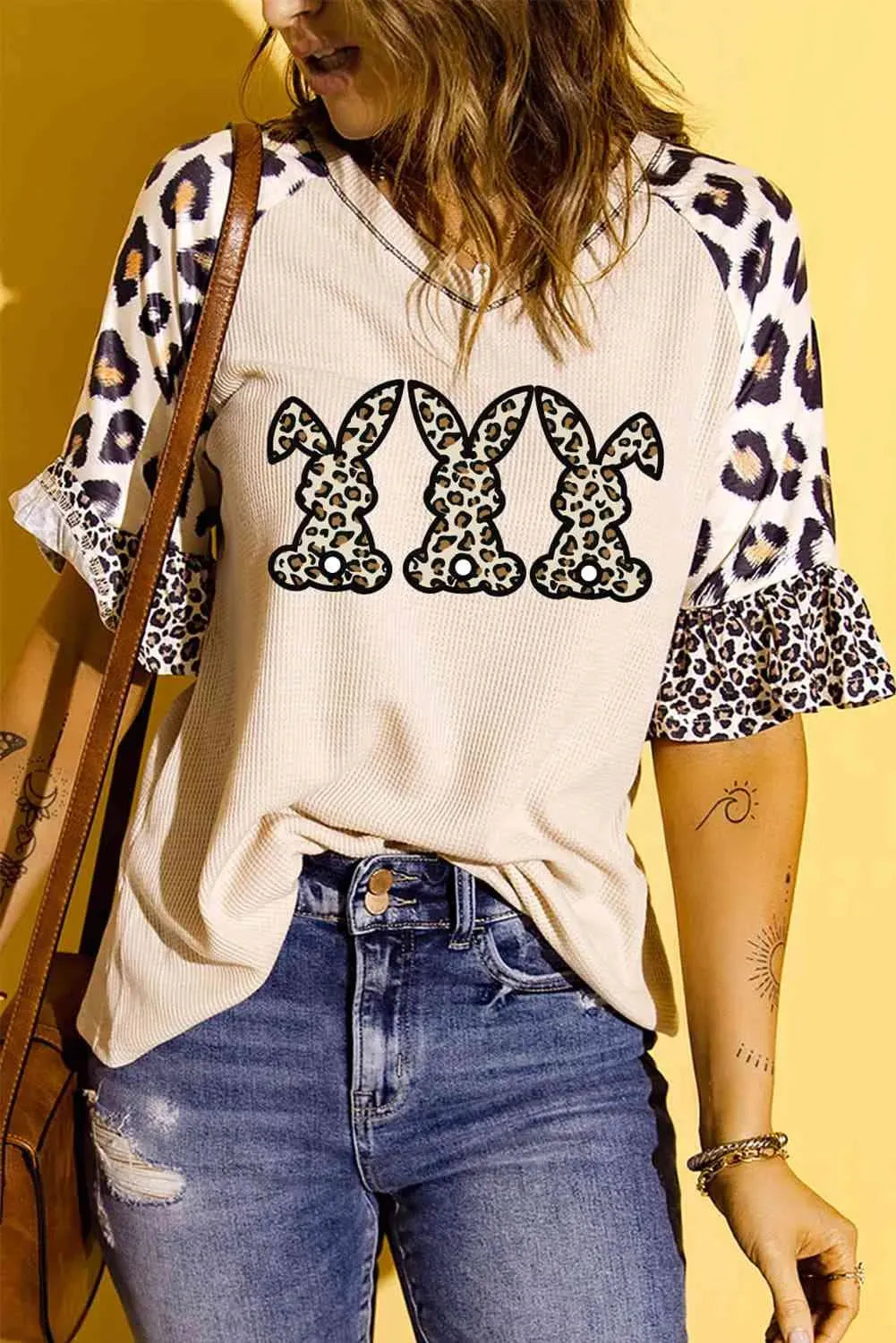 Easter Leopard Waffle-Knit Flounce Sleeve Top Khaki Women's T-Shirts - Tophatter Daily Deals