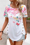 Floral Round Neck Buttoned Hem Detail Top Blouses - Tophatter Daily Deals