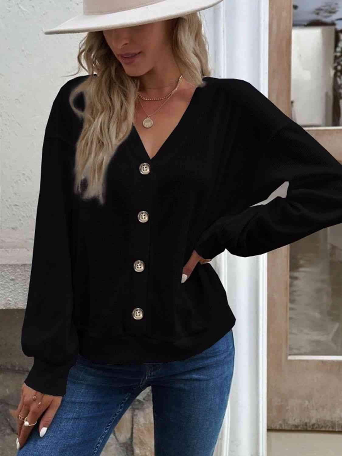 V-Neck Dropped Shoulder Blouse Black Blouses - Tophatter Daily Deals