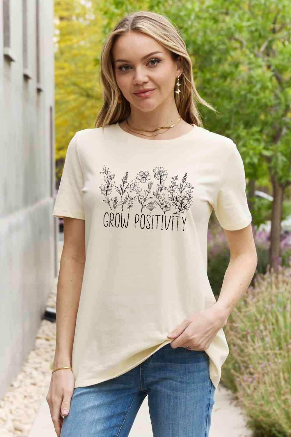 Simply Love Simply Love GROW POSITIVITY Graphic Cotton Tee Ivory Women's T-Shirts - Tophatter Daily Deals