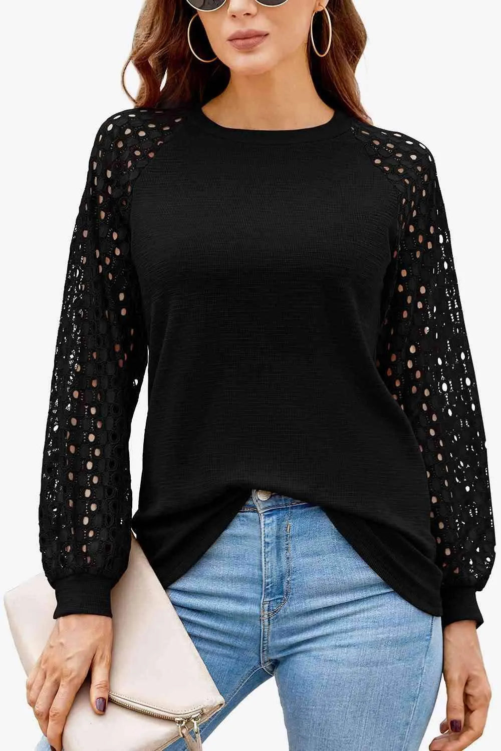 Long Raglan Sleeve Round Neck Tee Black Women's T-Shirts - Tophatter Daily Deals