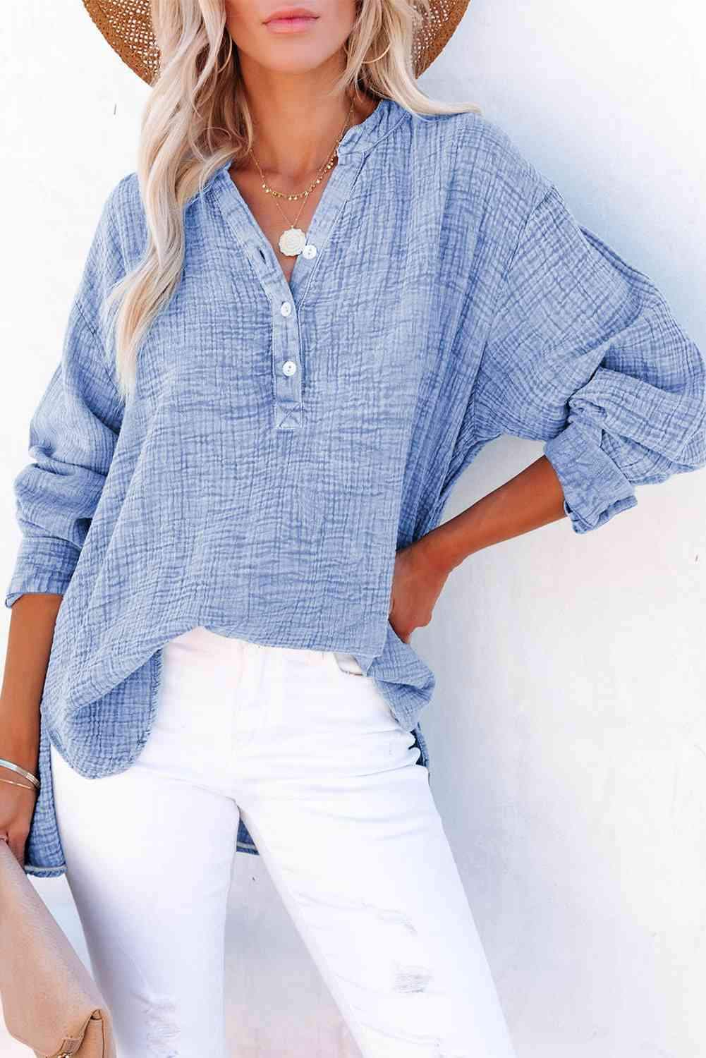 Buttoned Long Sleeve Blouse Misty Blue Blouses - Tophatter Daily Deals