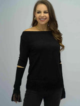 Full Size Off-Shoulder Cutout Fringe Hem Top Blouses - Tophatter Daily Deals