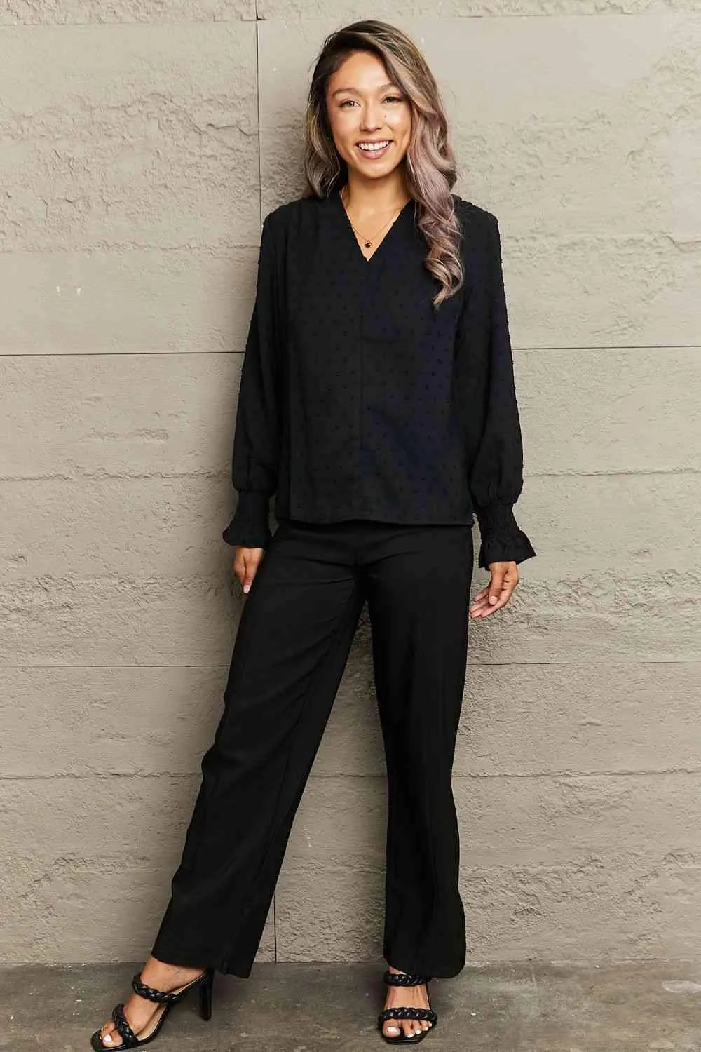 Swiss Dot V-Neck Flounce Sleeve Blouse Blouses - Tophatter Daily Deals