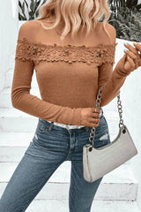 Off-Shoulder Lace Trim Ribbed Tee Blouses - Tophatter Daily Deals