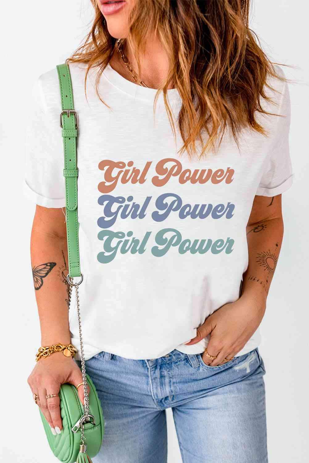 GIRL POWER Graphic Round Neck Tee White M Women's T-Shirts - Tophatter Daily Deals