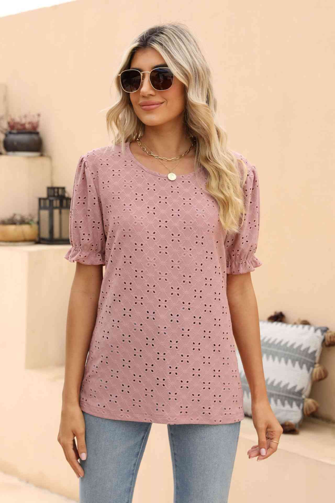 Openwork Round Neck Flounce Sleeve T-Shirt Dusty Pink Women's T-Shirts - Tophatter Daily Deals