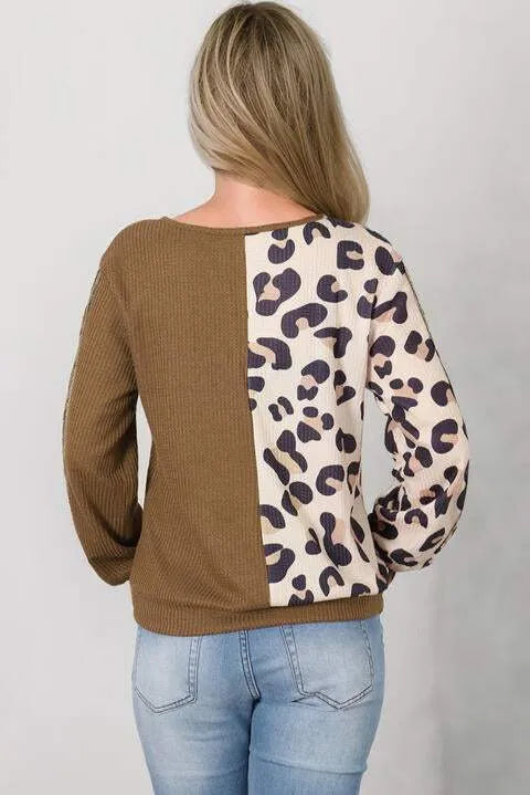 Leopard V-Neck Waffle-Knit Top Blouses - Tophatter Daily Deals