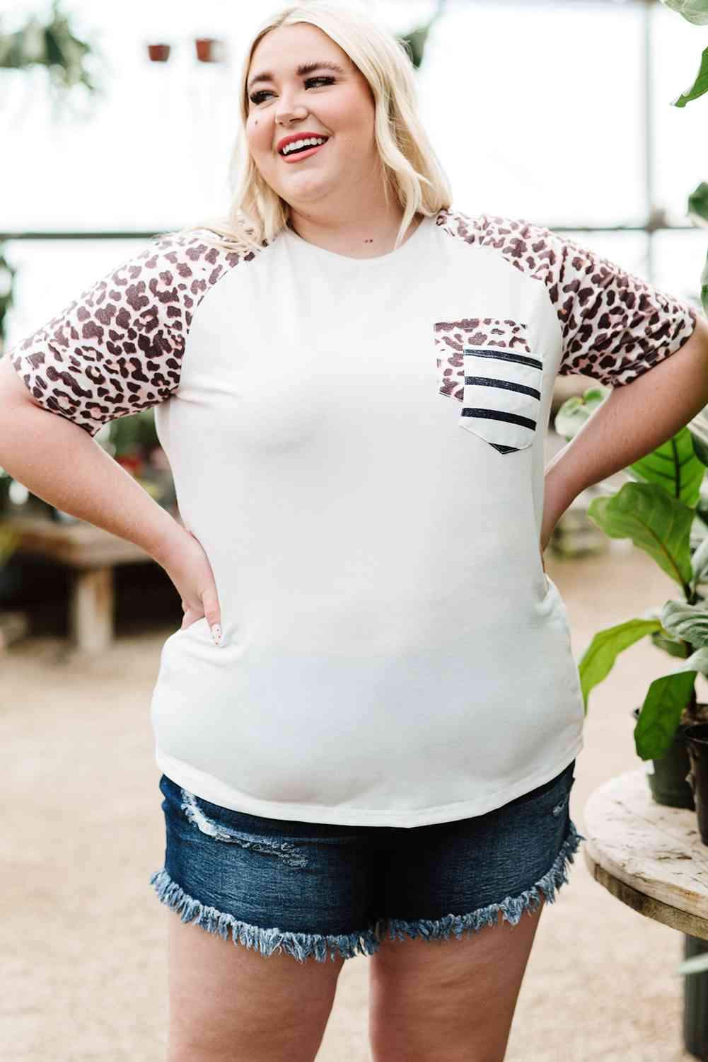 Plus Size Mixed Print Contrast Tee Shirt White Leopard Women's T-Shirts - Tophatter Daily Deals