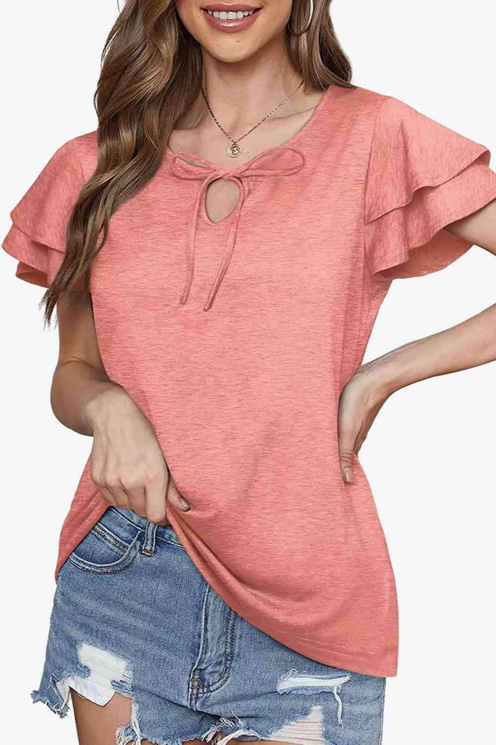 Tie-Neck Layered Flutter Sleeve Blouse Blouses - Tophatter Daily Deals