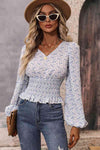 Floral V-Neck Smocked Balloon Sleeve Blouse Floral Blouses - Tophatter Daily Deals