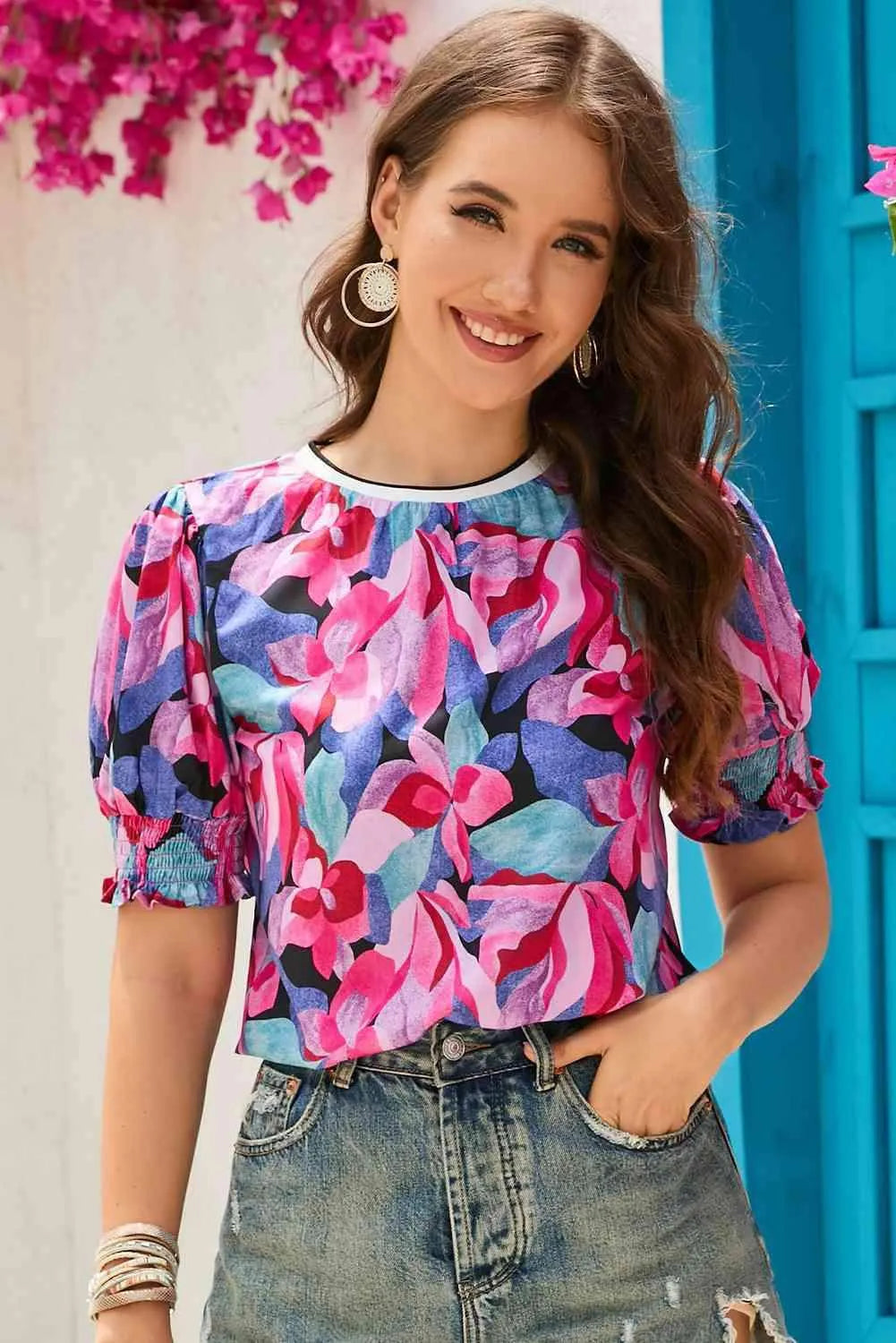 Floral Round Neck Puff Sleeve Top Blouses - Tophatter Daily Deals