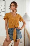 Decorative Button V-Neck Tied Blouse Tangerine Dot Blouses - Tophatter Daily Deals