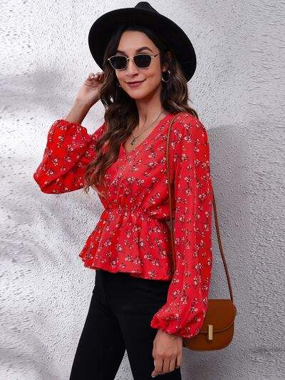 Floral V-Neck Balloon Sleeve Peplum Blouse Blouses - Tophatter Daily Deals