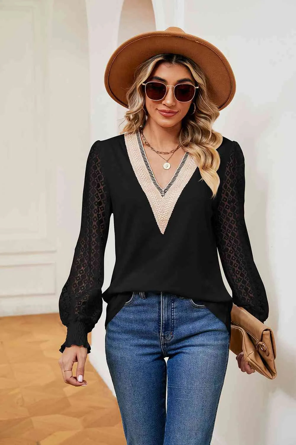 Contrast V-Neck Long Sleeve Blouse Blouses - Tophatter Daily Deals