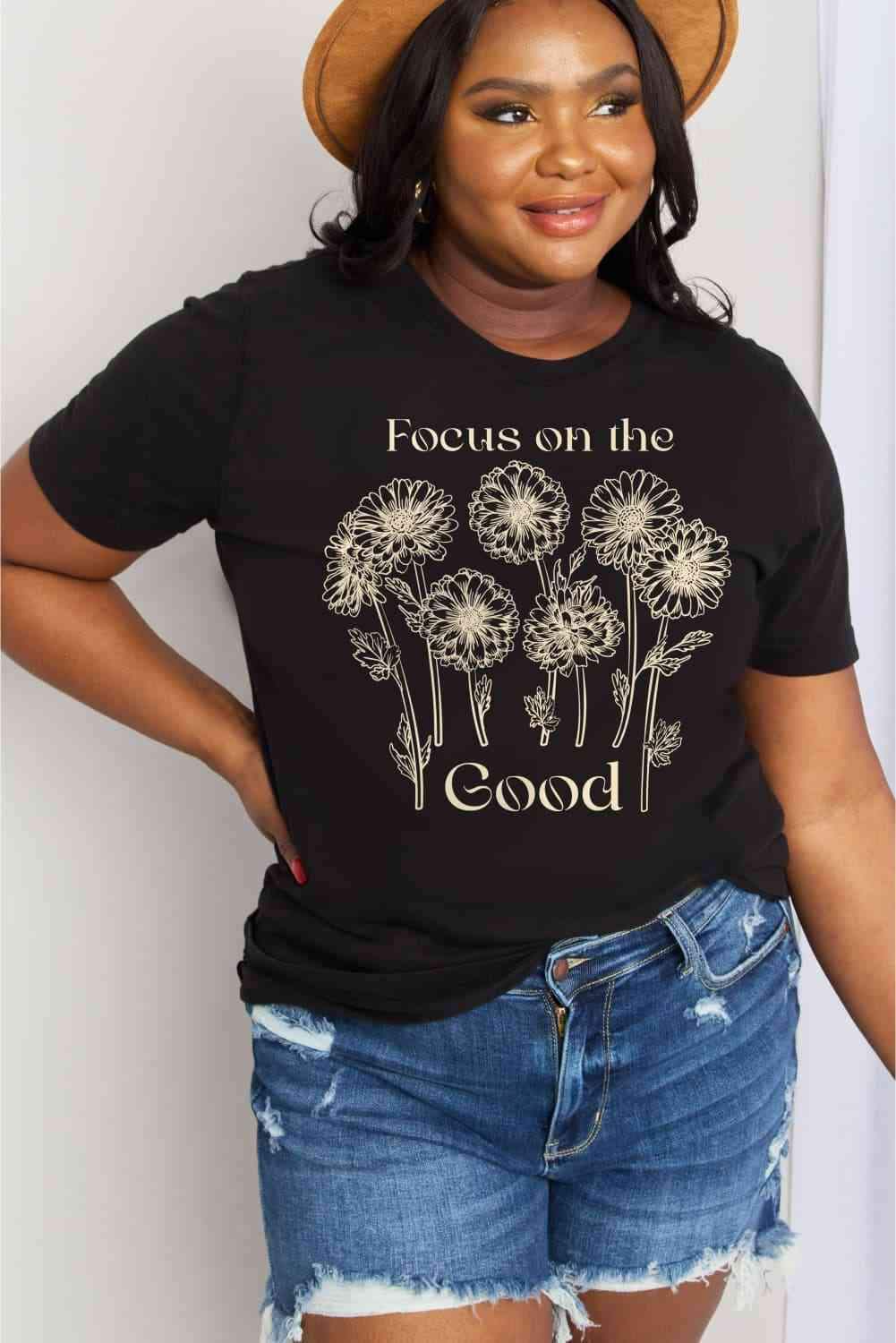 Simply Love Full Size FOCUS ON THE GOOD Graphic Cotton Tee Women's T-Shirts - Tophatter Daily Deals