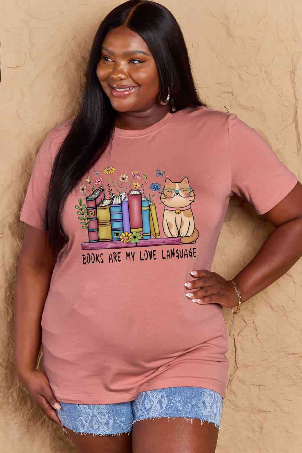 Simply Love Full Size BOOKS ARE MY LOVE LANGUAGE Graphic Cotton Tee Women's T-Shirts - Tophatter Daily Deals