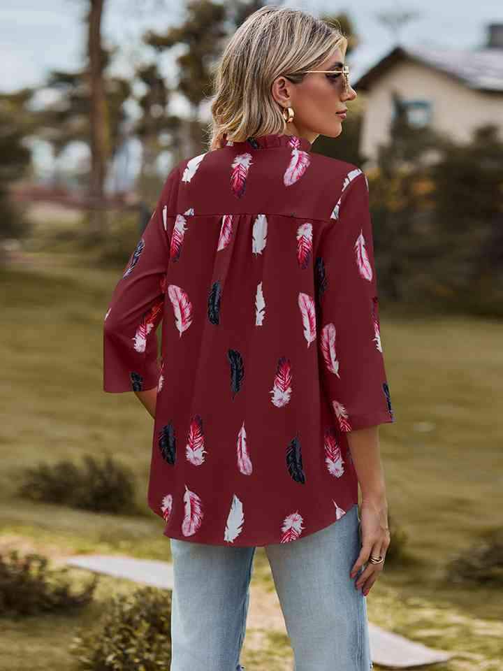 Printed Roll-Tab Sleeve Notched Neck Blouse Blouses - Tophatter Daily Deals