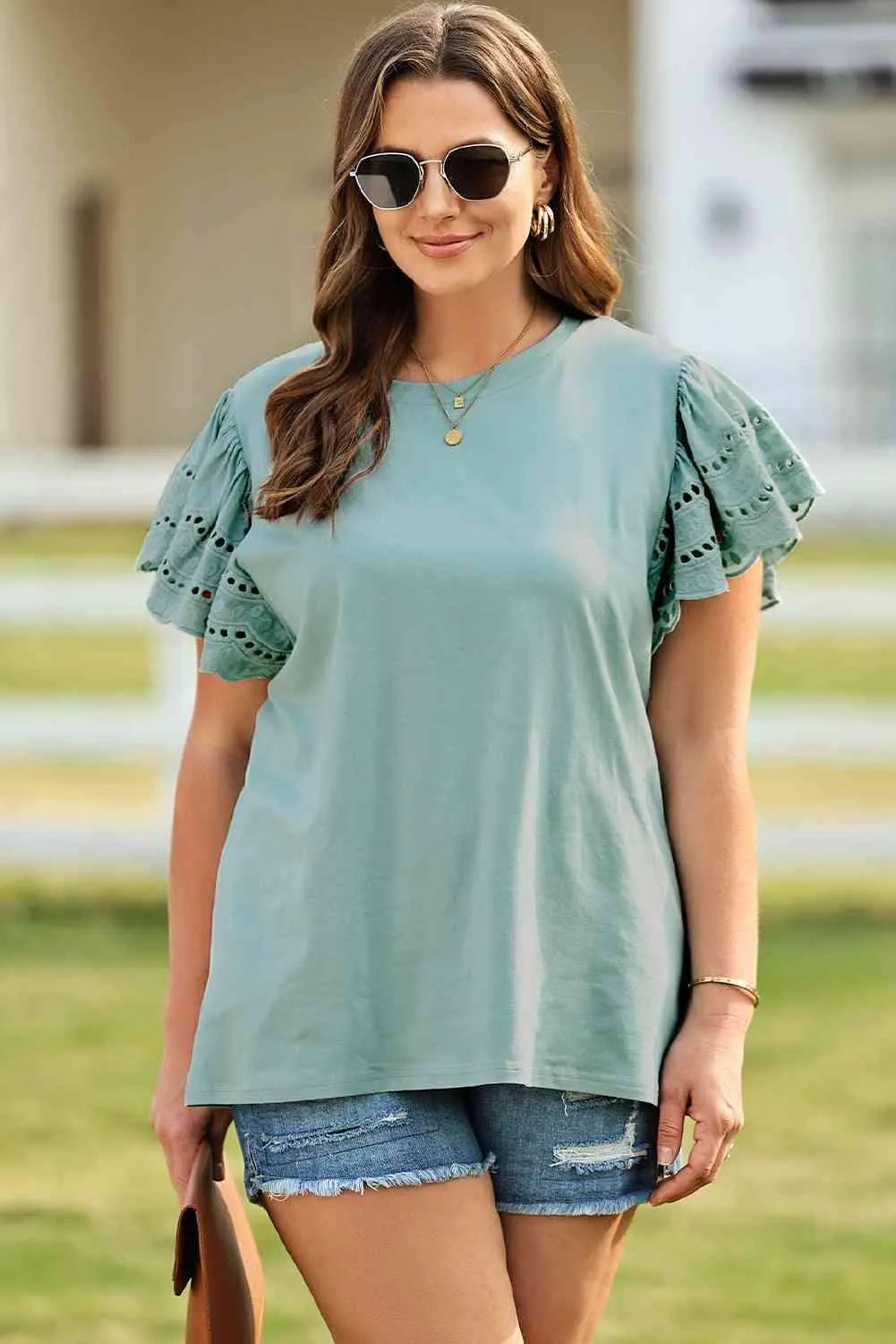 Plus Size Butterfly Sleeve Round Neck Top Gum Leaf Blouses - Tophatter Daily Deals