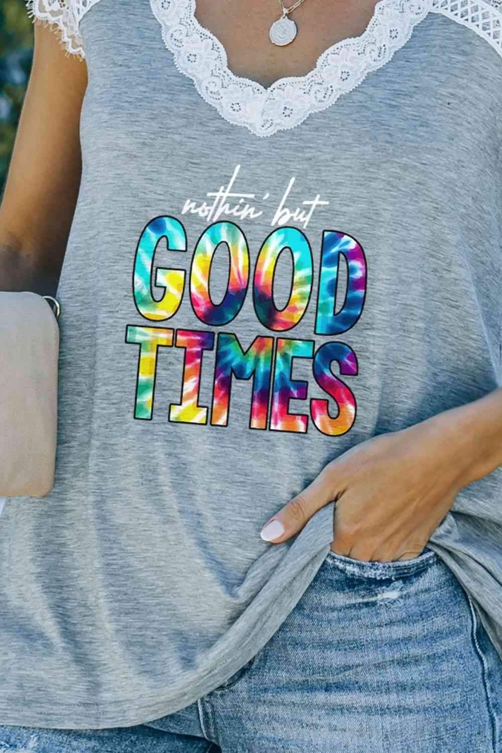 Lace Trim V-Neck NOTHIN BUT GOOD TIMES Graphic Tee Women's T-Shirts - Tophatter Daily Deals