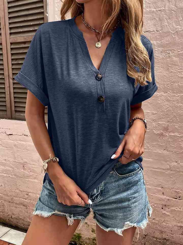 Notched Neck Short Sleeve Blouse Navy Blouses - Tophatter Daily Deals