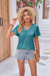 Ruched V-Neck Short Sleeve Tee Turquoise Women's T-Shirts - Tophatter Daily Deals