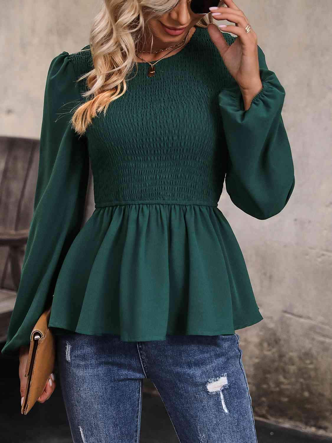 Round Neck Smocked Balloon Sleeve Top Blouses - Tophatter Daily Deals