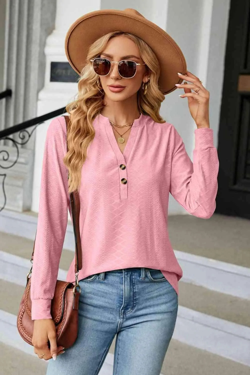 Notched Neck Long Sleeve Buttoned Blouse Blouses - Tophatter Daily Deals