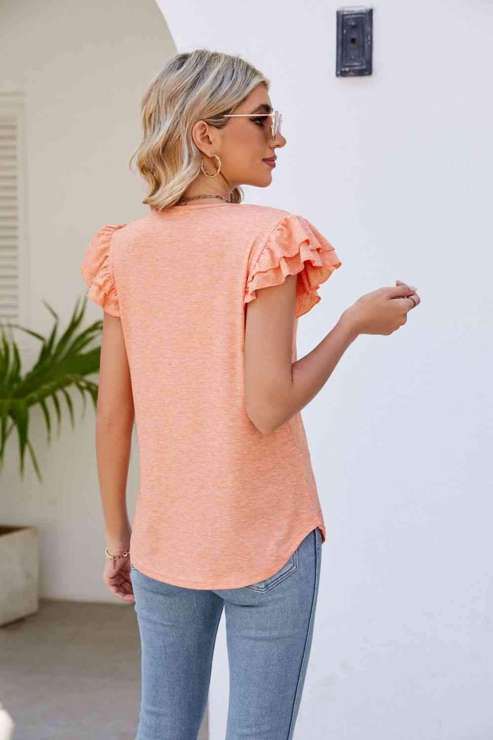 Smocked Flutter Sleeve V-Neck Top Blouses - Tophatter Daily Deals