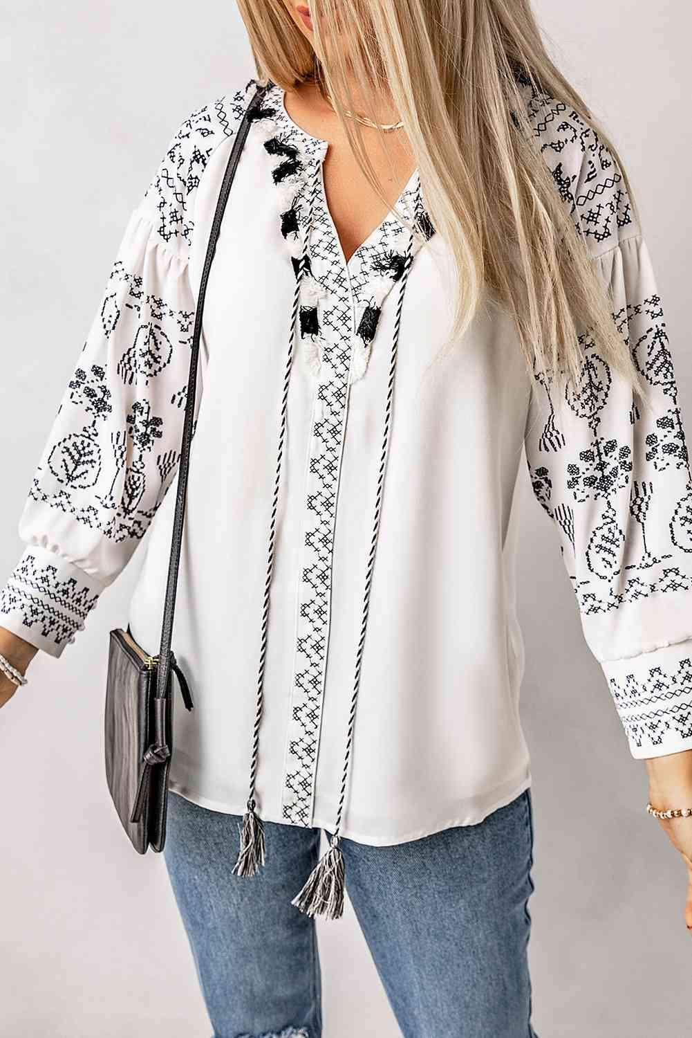 Printed Tassel Tie Puff Sleeve Blouse Blouses - Tophatter Daily Deals