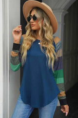 Double Take Color Block Curved Hem Long Sleeve Tee Peacock Blue Women's T-Shirts - Tophatter Daily Deals