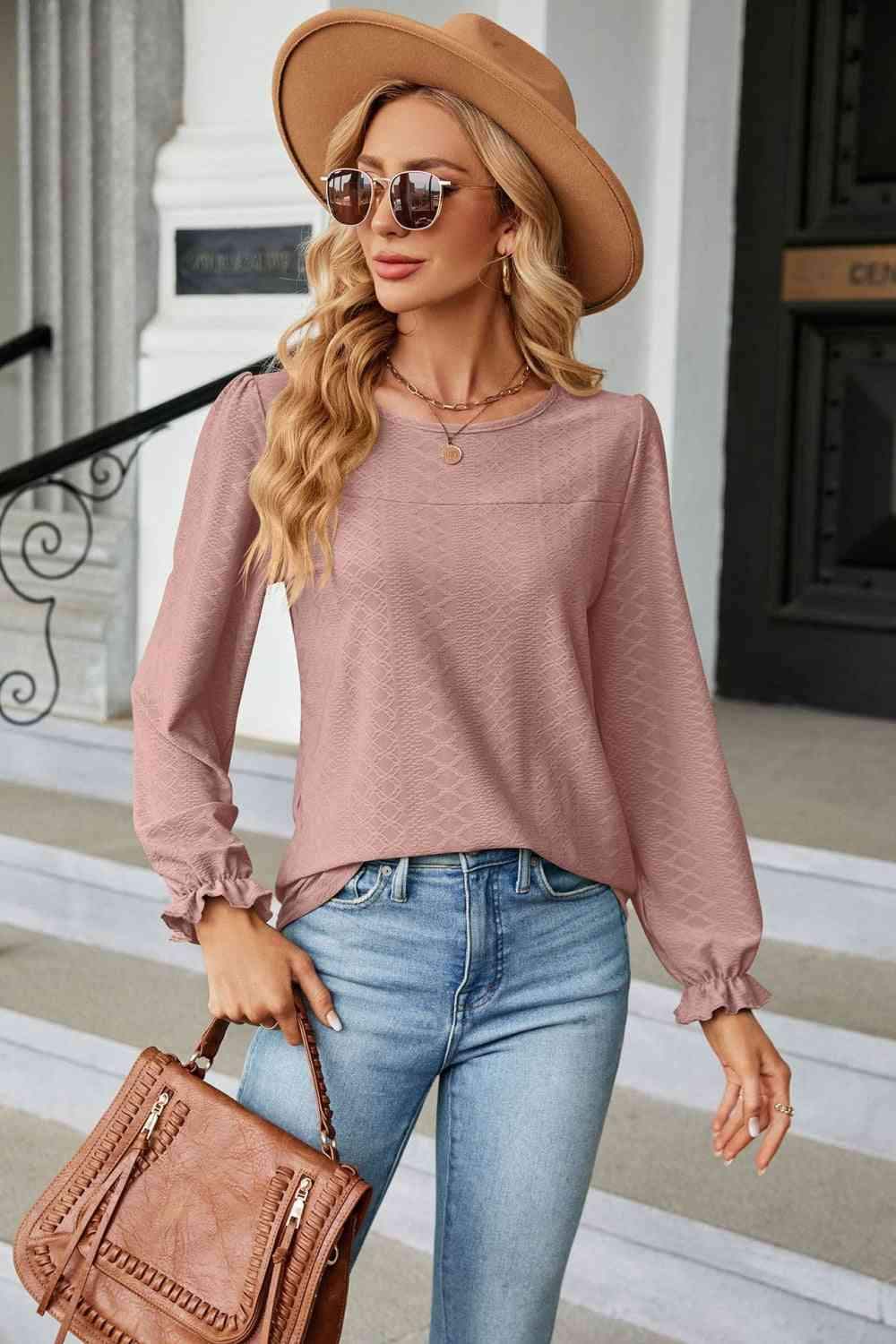 Round Neck Flounce Sleeve Blouse Dusty Pink Blouses - Tophatter Daily Deals