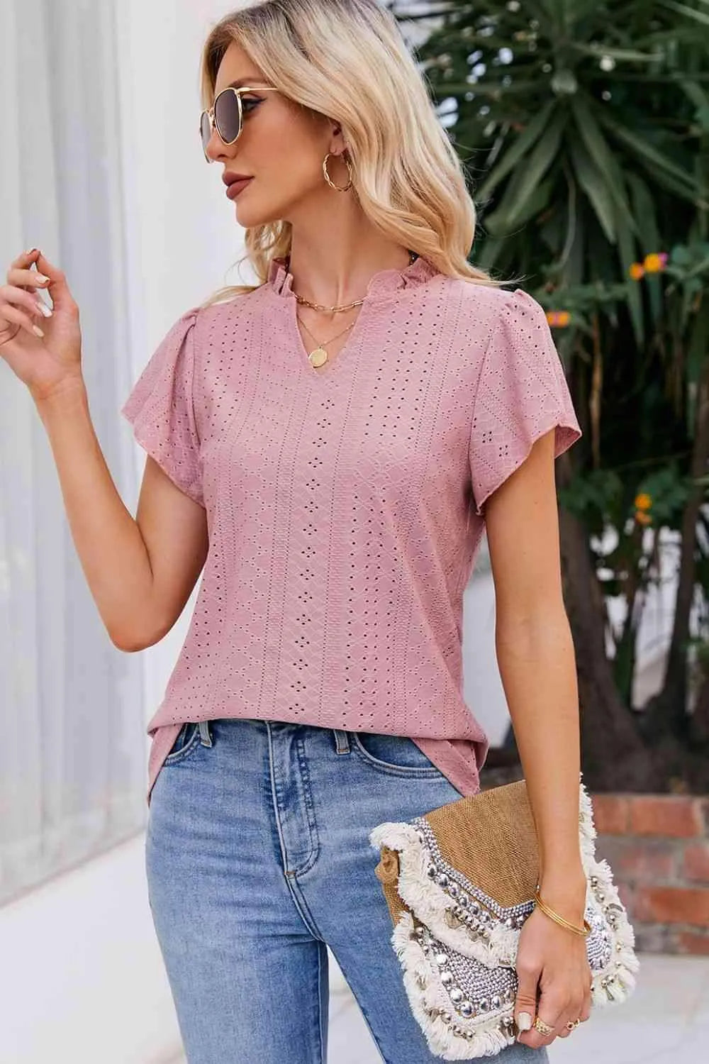 Notched Neck Puff Sleeve Blouse Blouses - Tophatter Daily Deals