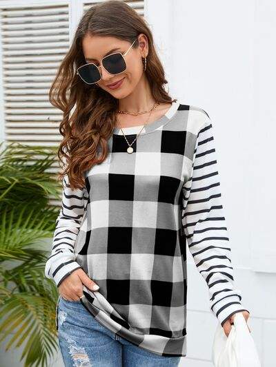 Plaid Striped Round Neck Long Sleeve T-Shirt Light Gray Women's T-Shirts - Tophatter Daily Deals