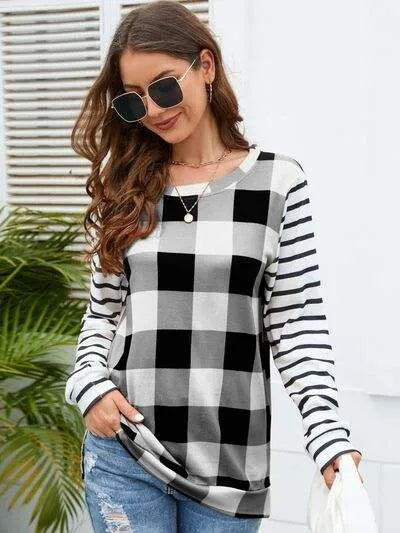Plaid Striped Round Neck Long Sleeve T-Shirt Light Gray Women's T-Shirts - Tophatter Daily Deals