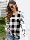 Plaid Striped Round Neck Long Sleeve T-Shirt Light Gray Women's T-Shirts - Tophatter Daily Deals