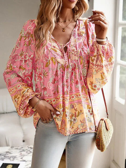 Floral Tie Neck Puff Sleeve Blouse Blouses - Tophatter Daily Deals