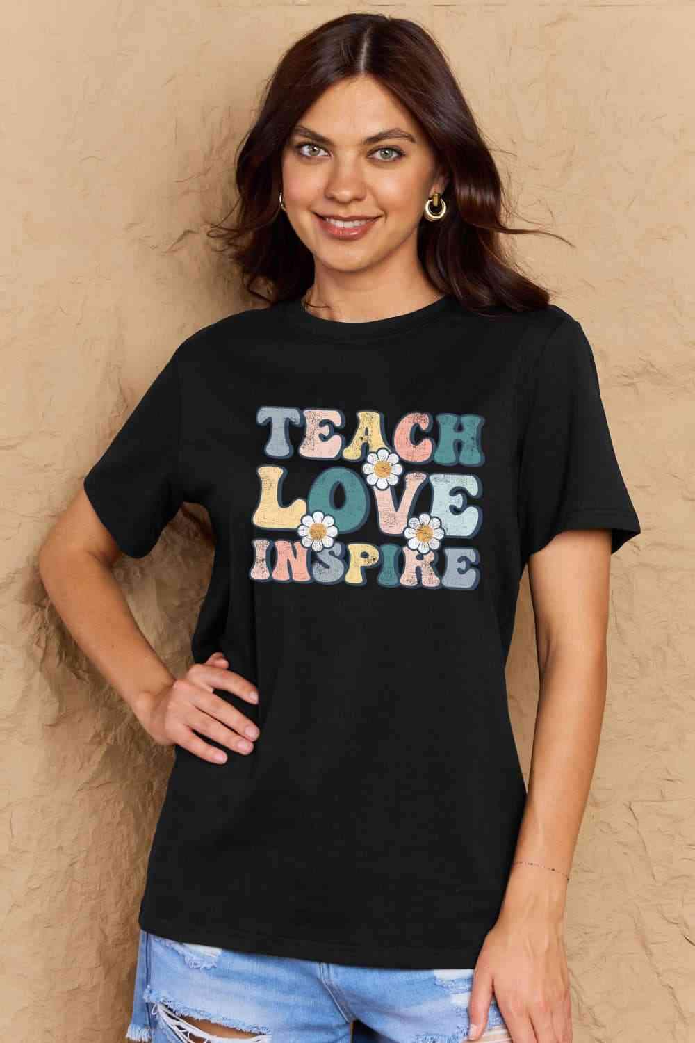 Simply Love Full Size TEACH LOVE INSPIRE Graphic Cotton T-Shirt Black Women's T-Shirts - Tophatter Daily Deals